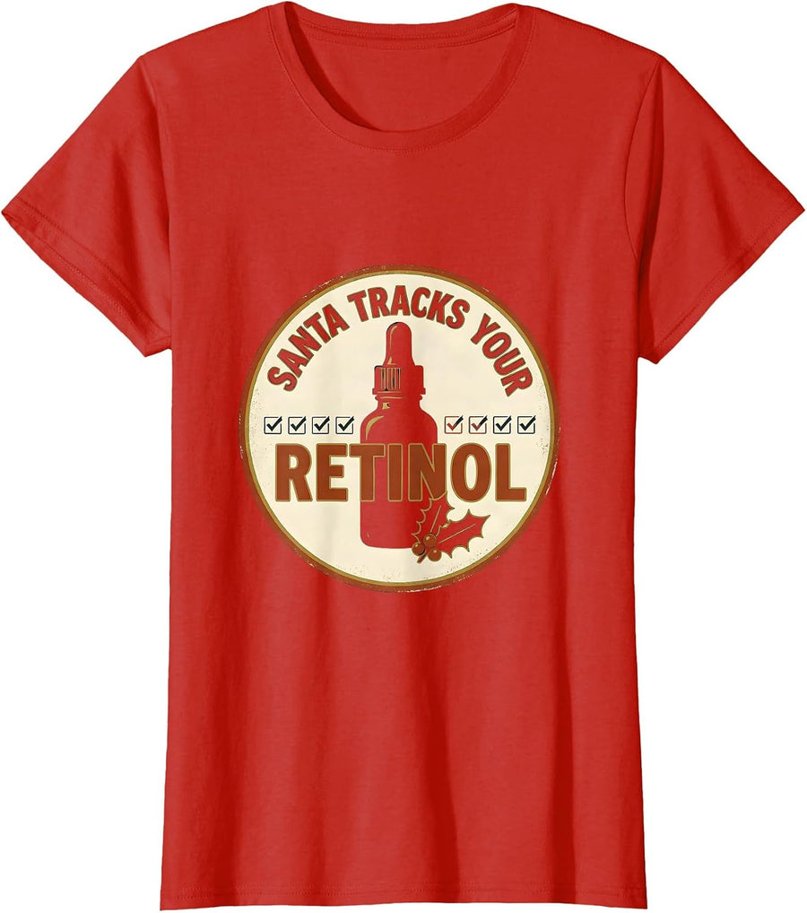 Women's Santa Tracks Your Retinol Vintage Esthetician Skincare Humor T-Shirt - Red