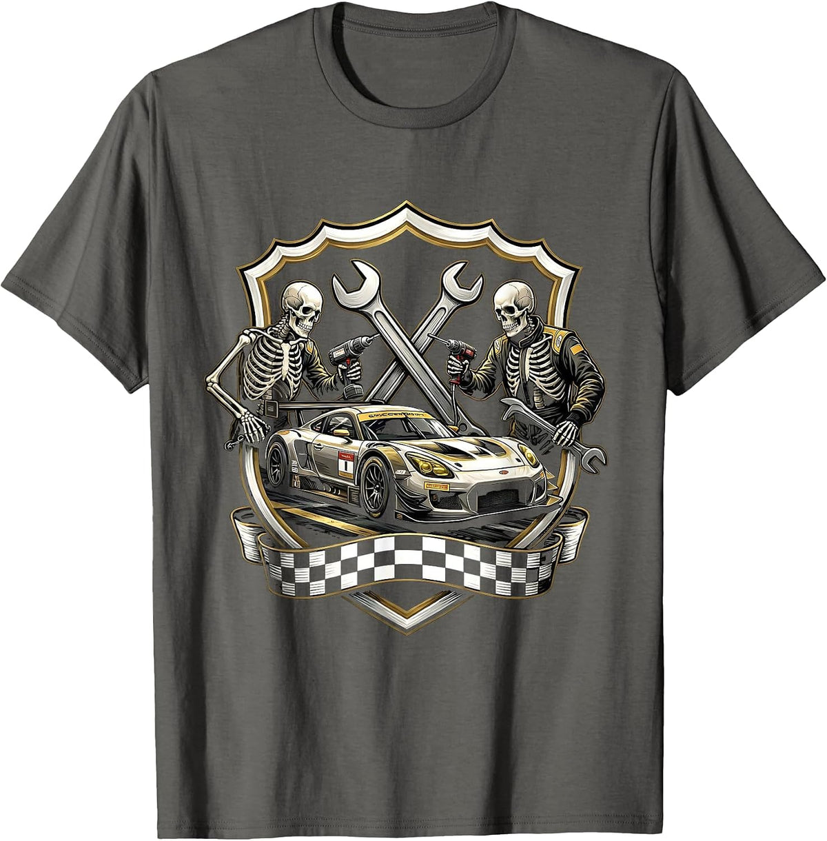Race Car Skeleton Crew Pit Stop Graphic Tee T-Shirt - Asphalt Grey