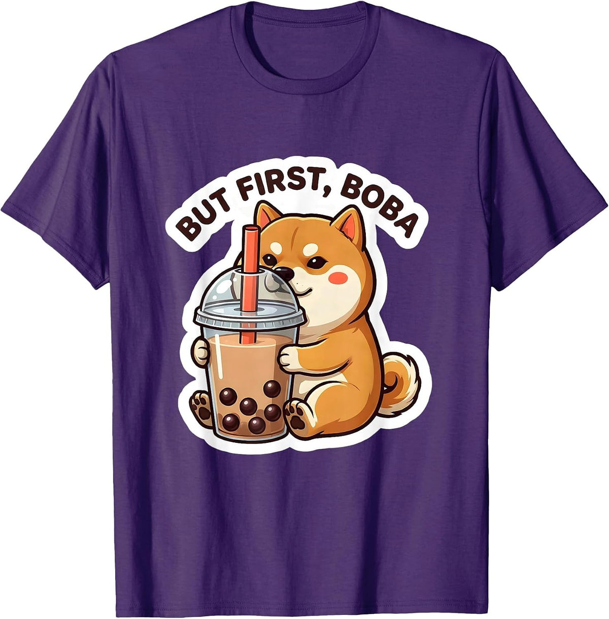 But First, Boba Kawaii Chibi Shibainu Boba Tea Anime Humor T-Shirt - Purple