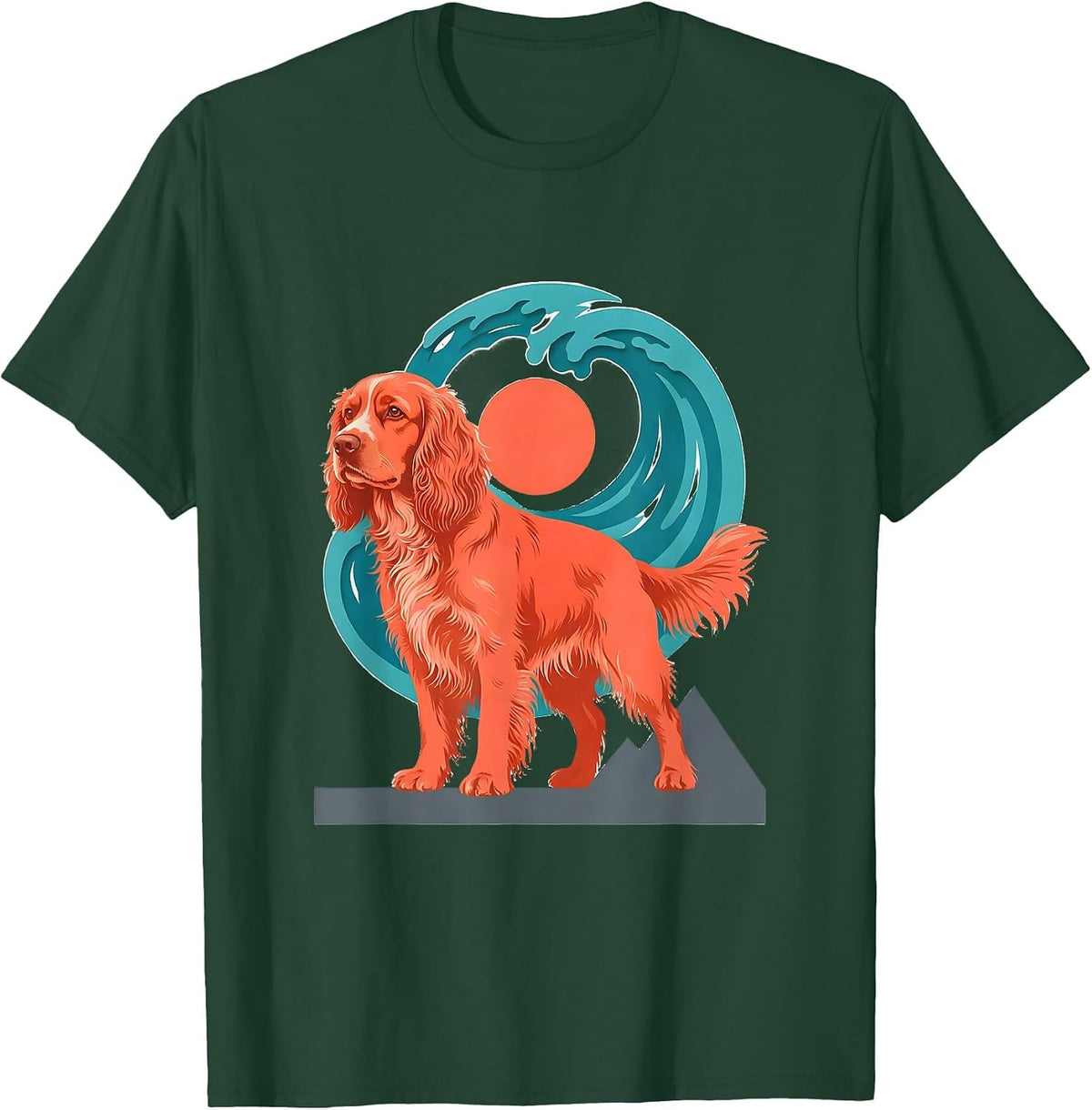 Teal Wave Surfing English Springer Spaniel Flat Vector Dog T-Shirt - Dark Green