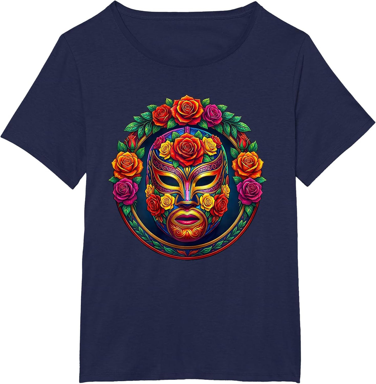 Women's Luchadora Mask with Roses Mexican Wrestling Art T-Shirt - Navy Blue