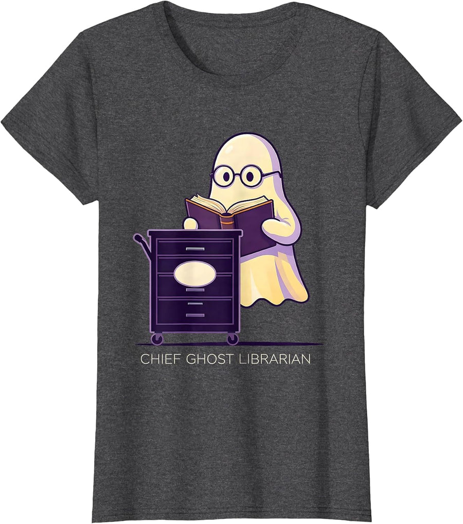 Women's Chief Ghost Librarian Funny Teacher Halloween Costume T-Shirt - Dark Heather Grey