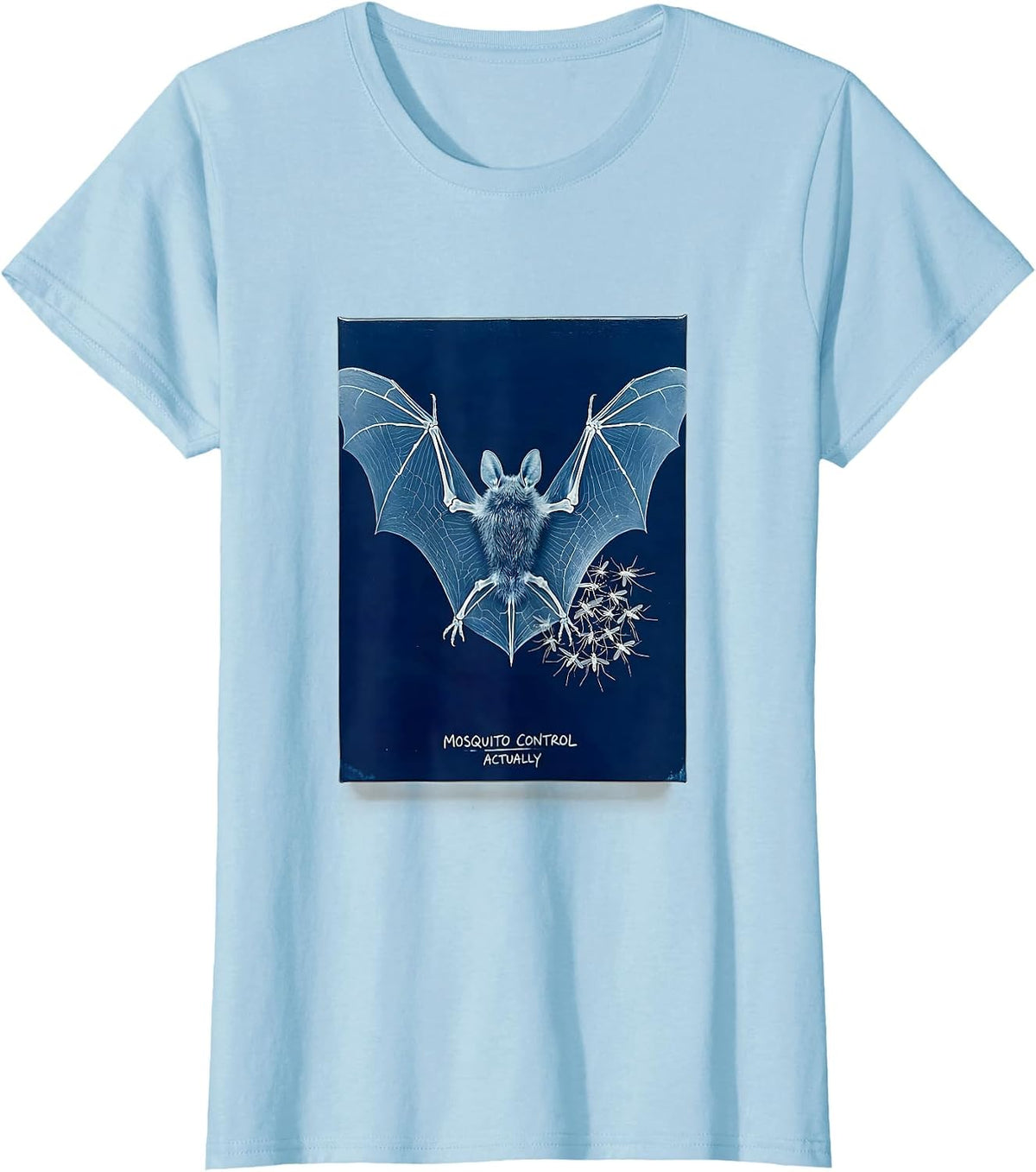 Women's Mosquito Control, Actually Funny Bat Lover Halloween Humor T-Shirt - Baby Blue