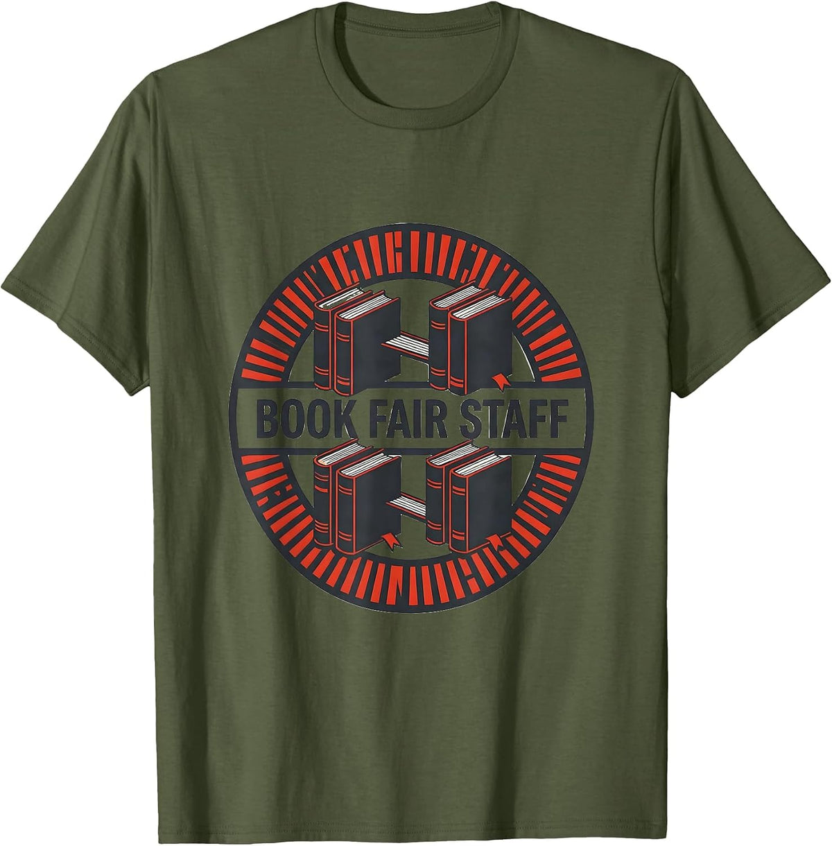 Men's Book Fair Staff Stencil Graphic Teacher Library Crew T-Shirt - Olive Green