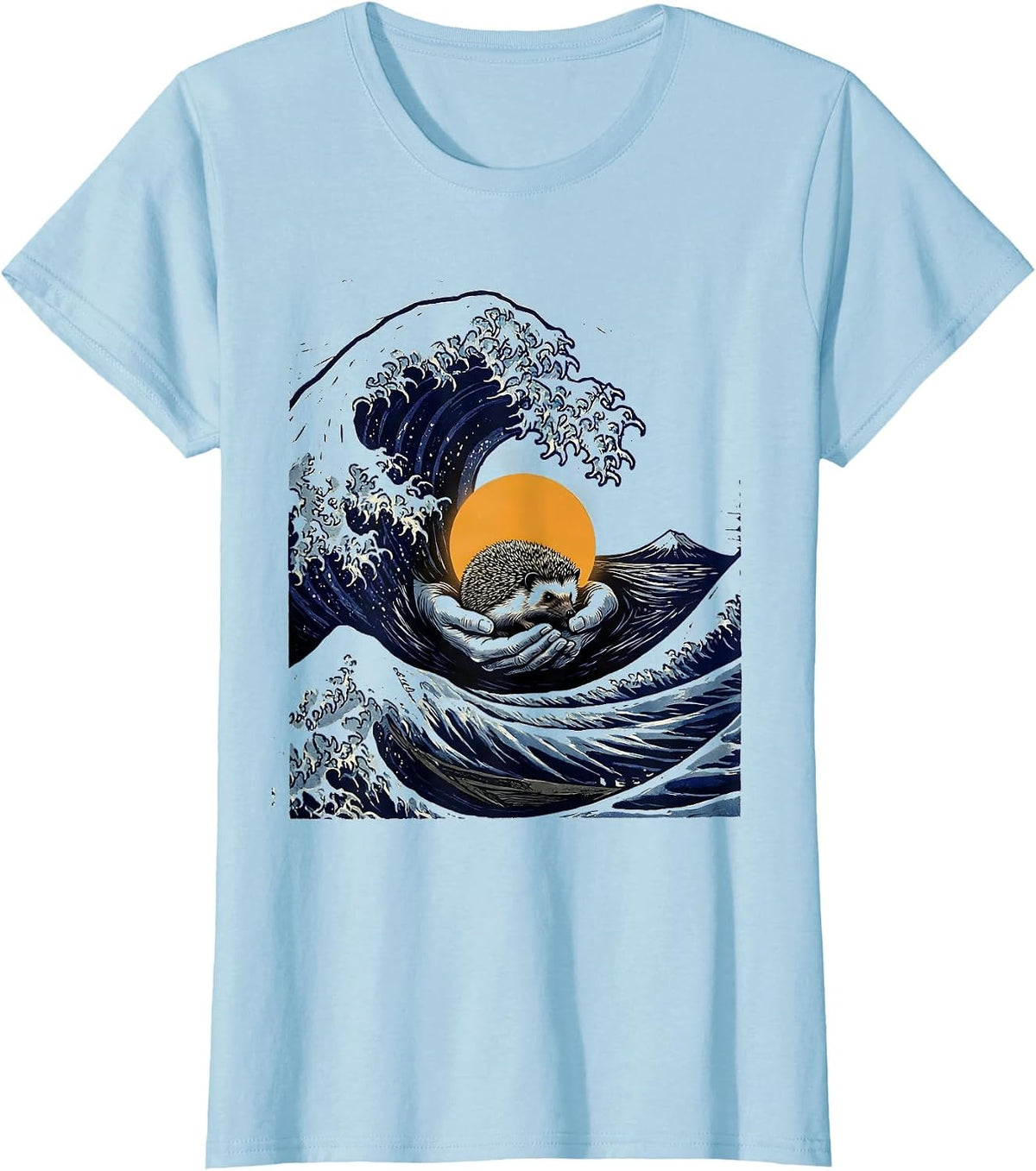 Women's Wave Hedgehog Japanese Art Animal Humor T-Shirt - Baby Blue