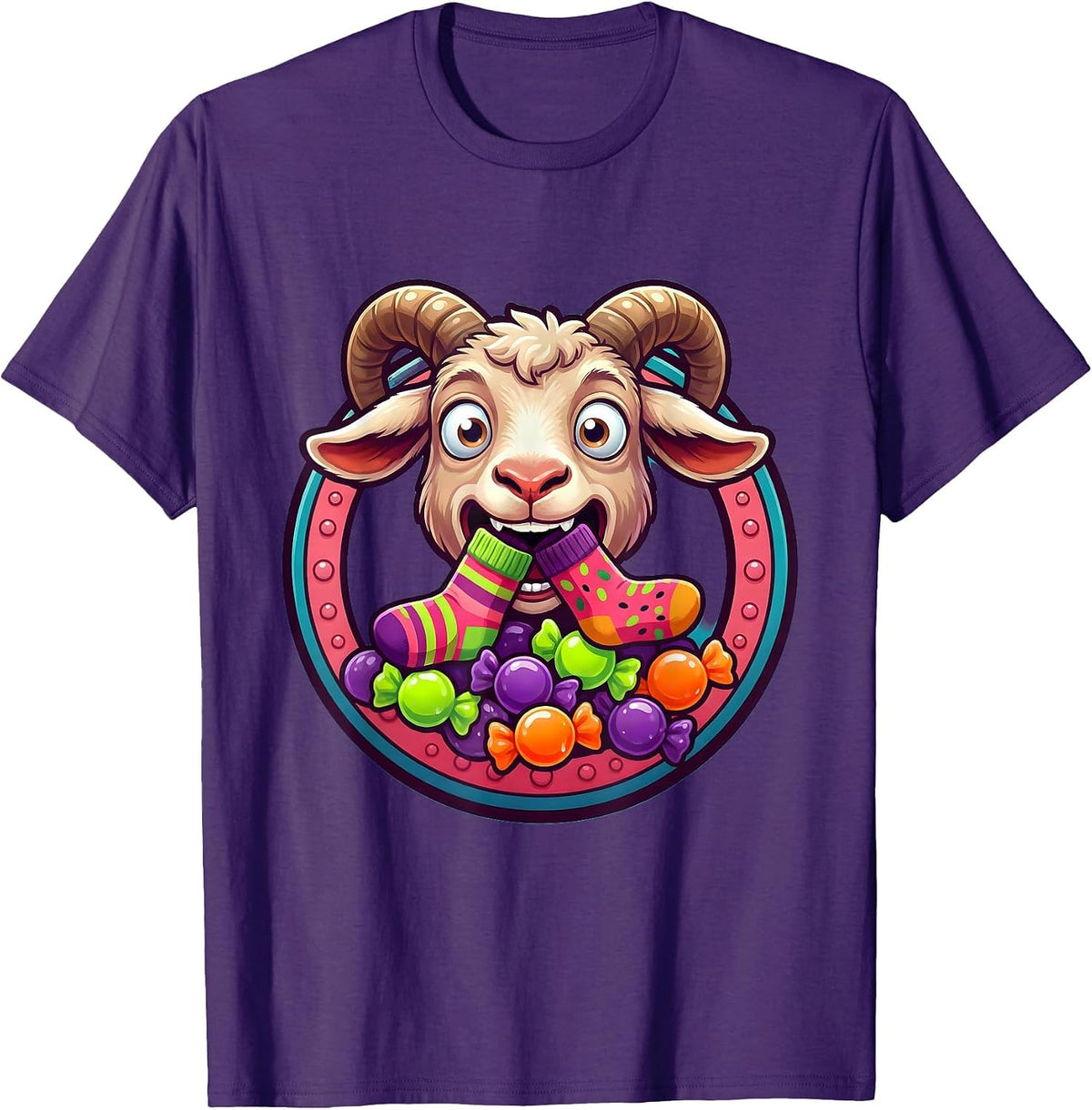 Funny Goat Eating Socks Silly Animal Illustration T-Shirt - Purple