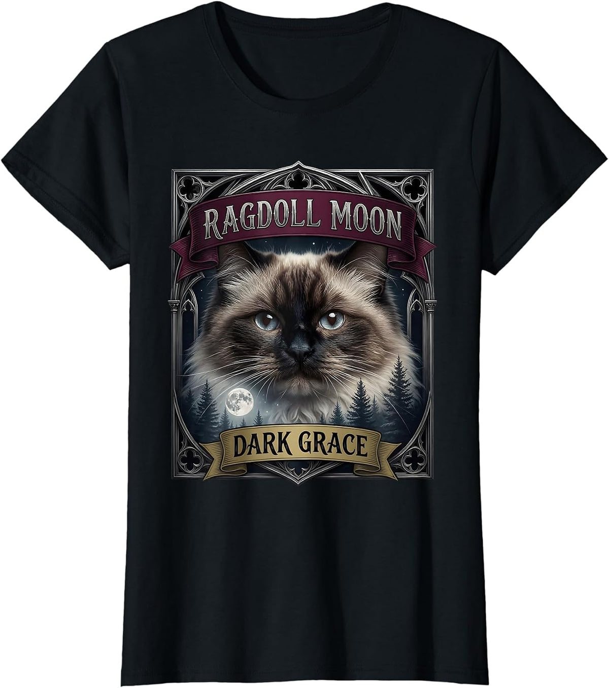 Ragdoll Moon, Dark Grace Gothic Cat Design T-Shirt - Black