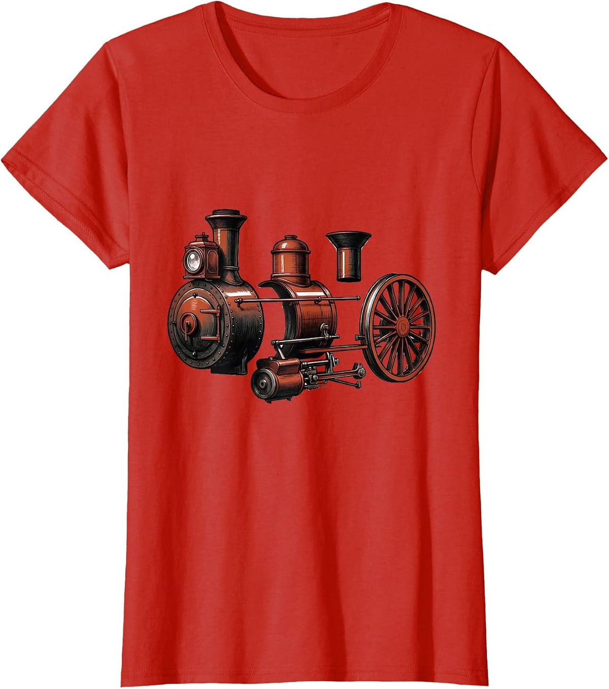 Women's Steam Locomotive Exploded View Train Enthusiast Gift T-Shirt - Red