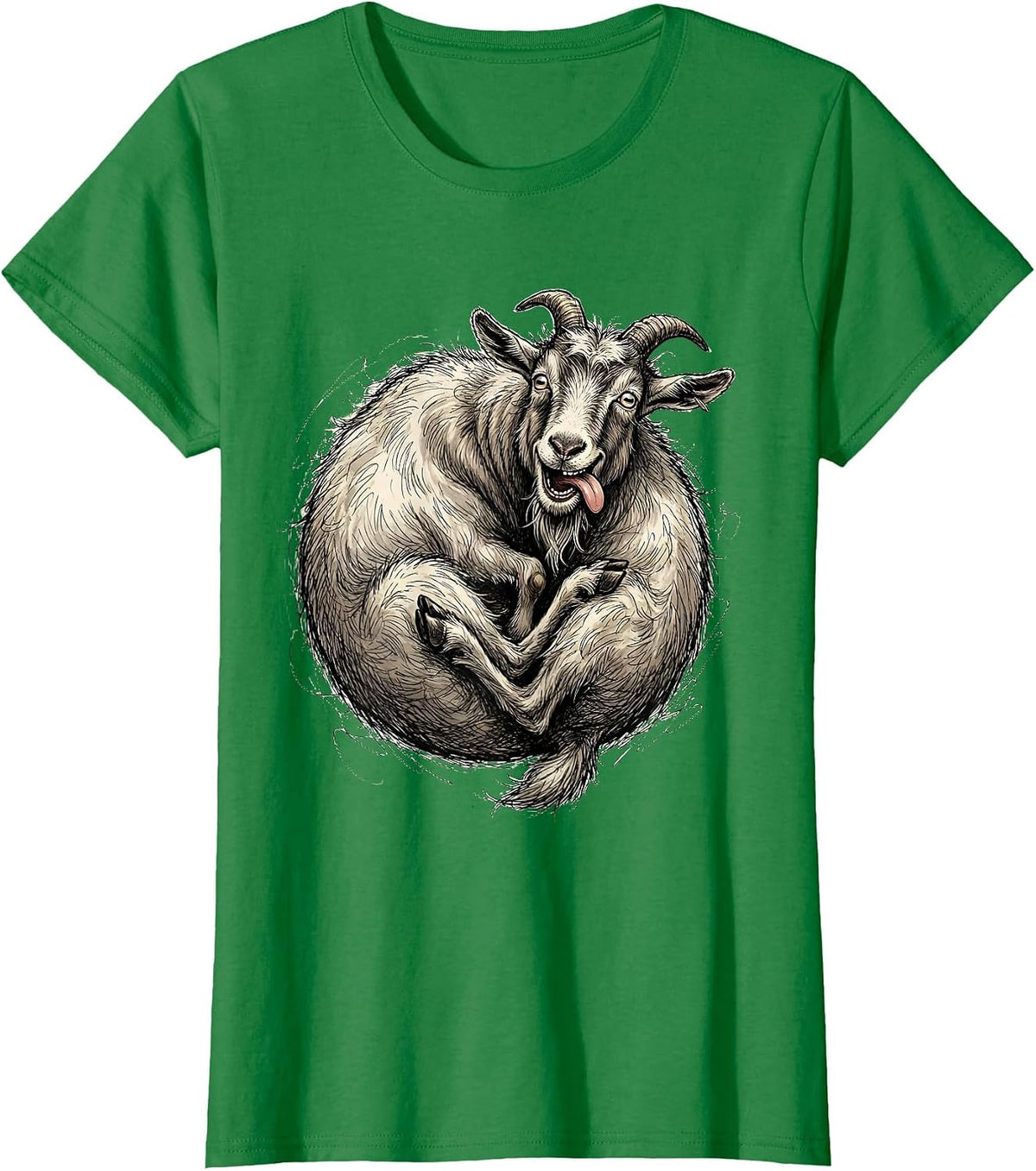 Women's Derpy Goat Eating Its Own Tail Funny Art T-Shirt - Kelly Green