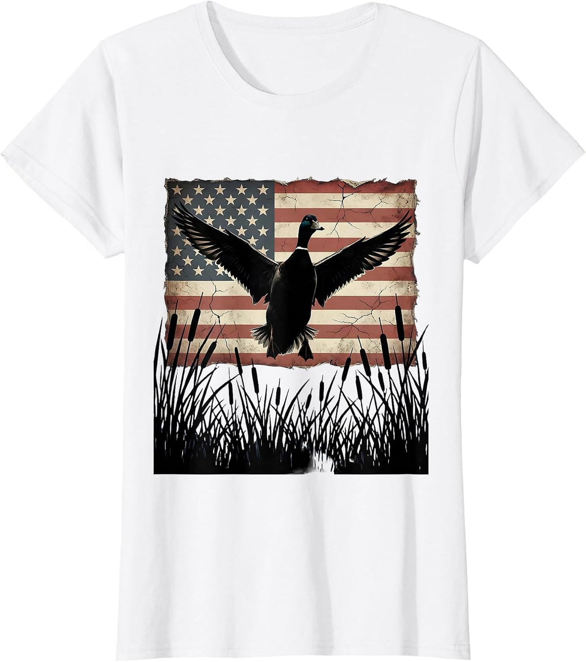Women's Duck Flying Over Marsh Camo Hunting Design T-Shirt - White