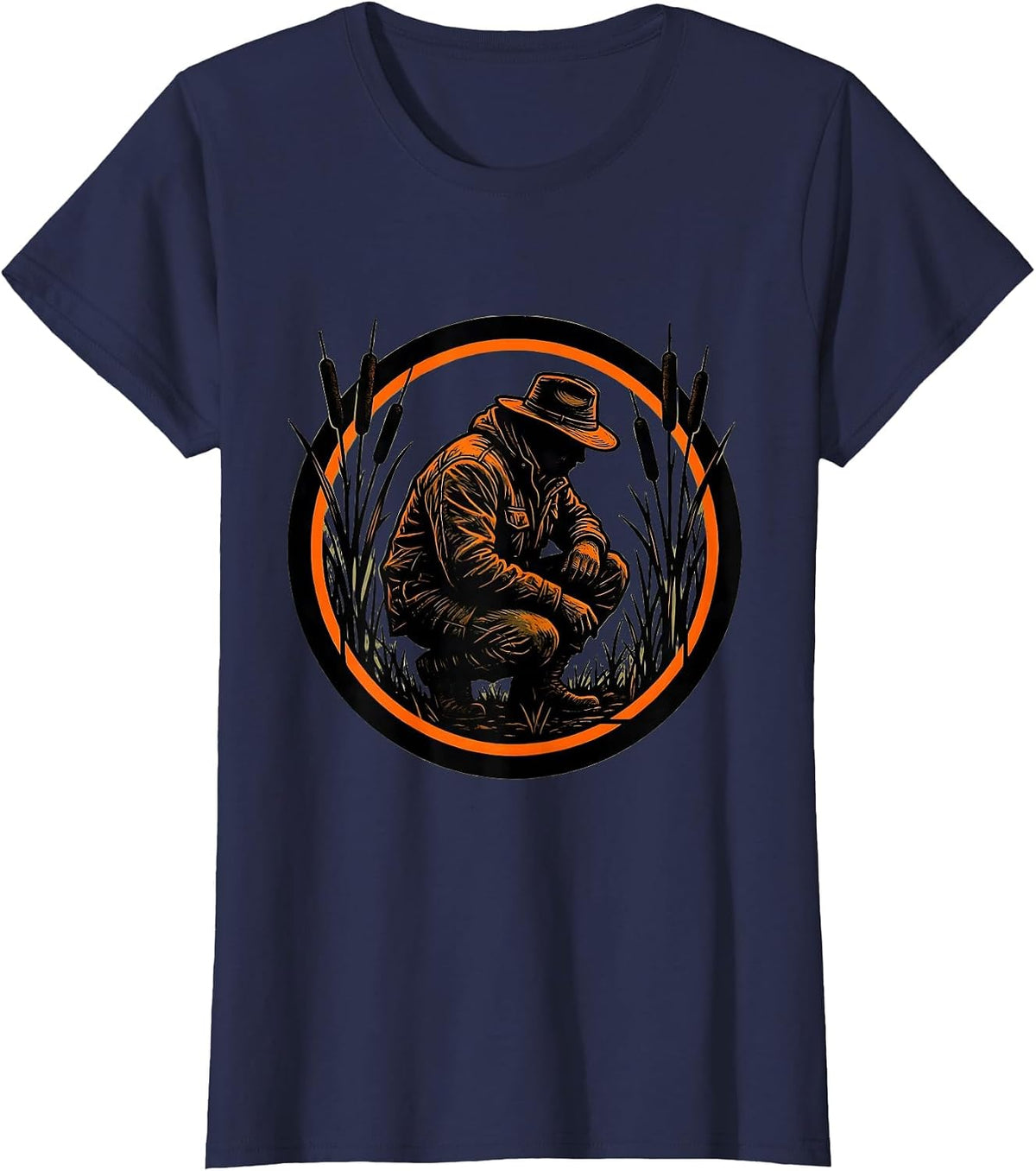 Women's Camo Duck Hunter in Marsh Reeds Illustration T-Shirt - Navy Blue