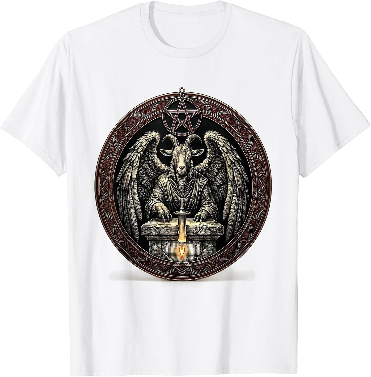 Men's Sealed Occult Badge Goat Head Pentagram Gothic T-Shirt - White