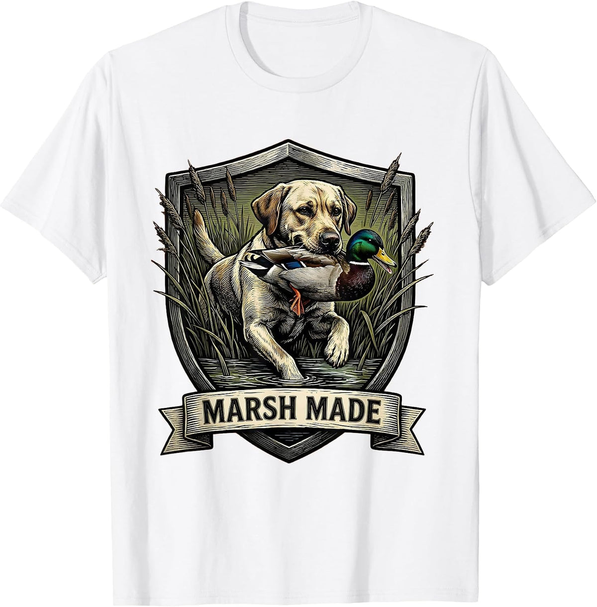 Men's Marsh Made Woodcut Engraving Labrador Duck Hunting Youth T-Shirt - White