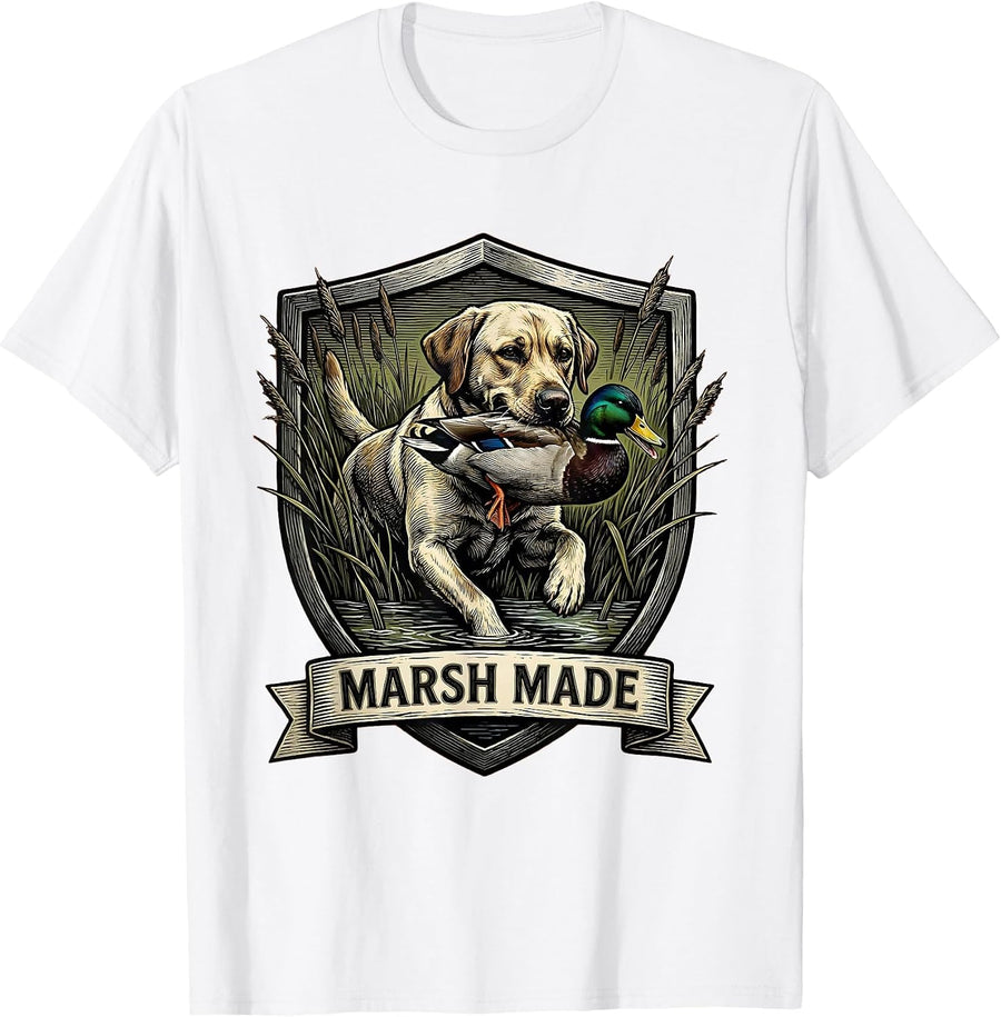 Men's Marsh Made Woodcut Engraving Labrador Duck Hunting Youth T-Shirt - White