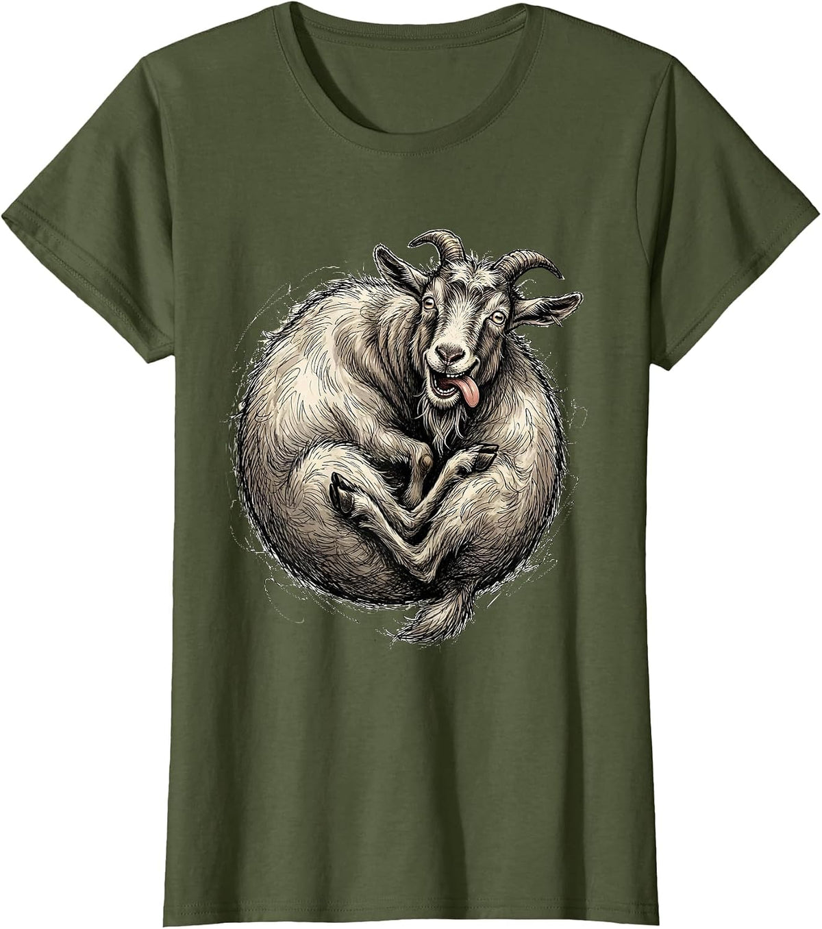 Women's Derpy Goat Eating Its Own Tail Funny Art T-Shirt - Olive Green
