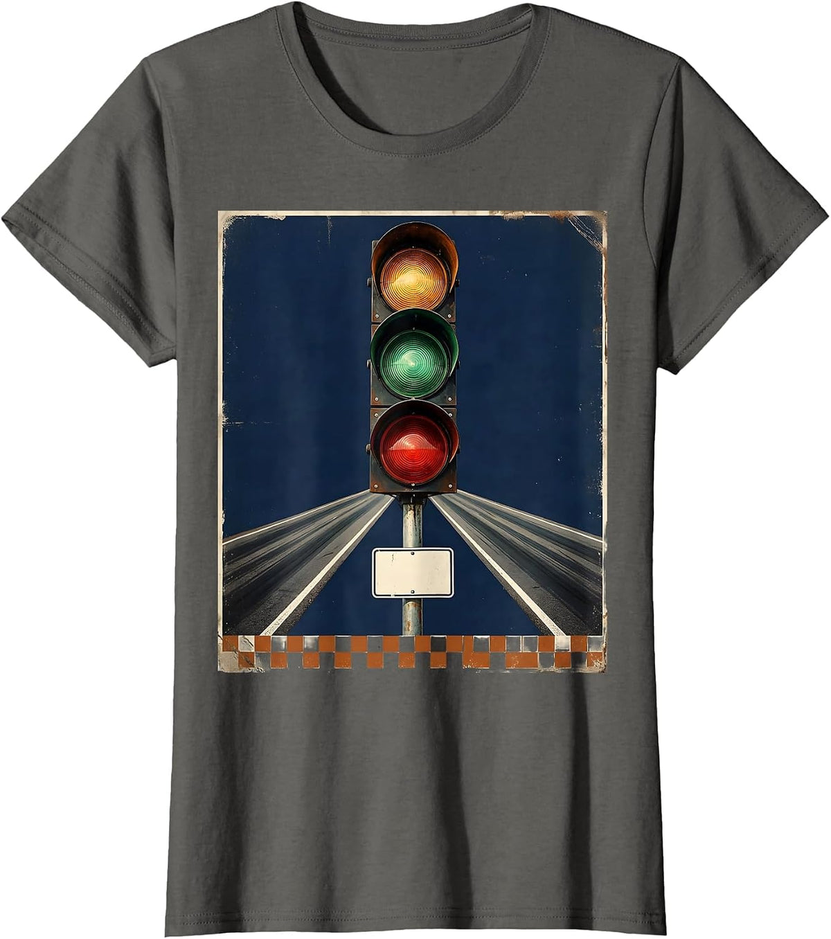 Women's Vintage Staging Light Tower Racing Enthusiast Checkered Flag T-Shirt - Asphalt Grey