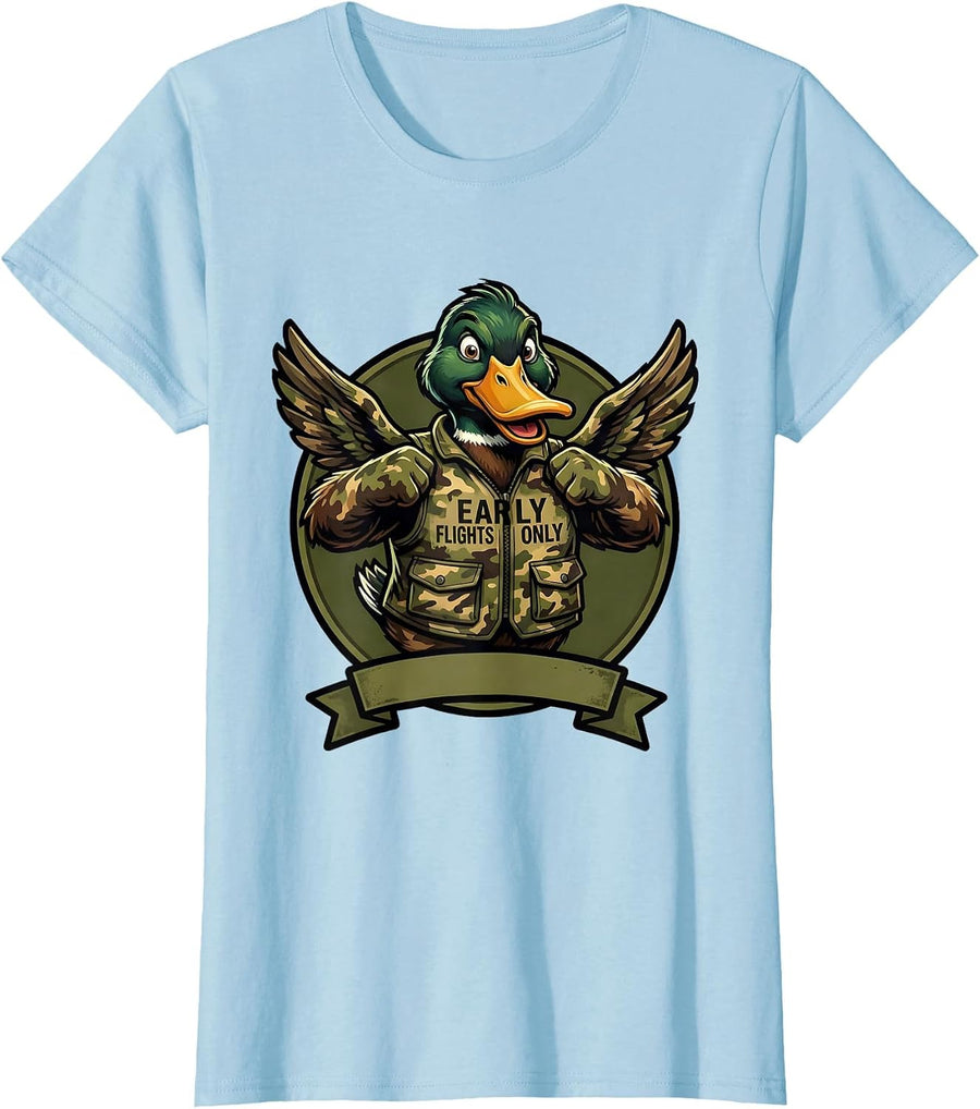Women's Early Flights Only Duck Camo Hunting Design T-Shirt - Baby Blue