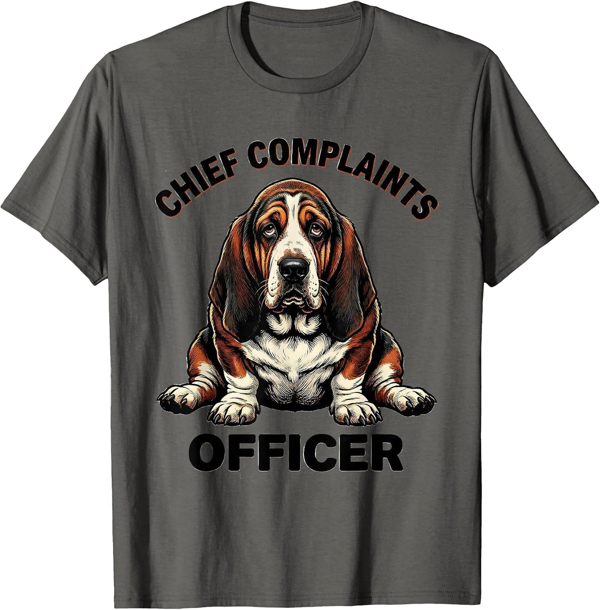 Chief Complaints Officer Retro Cartoon Basset Hound Dog T-Shirt - Asphalt Grey