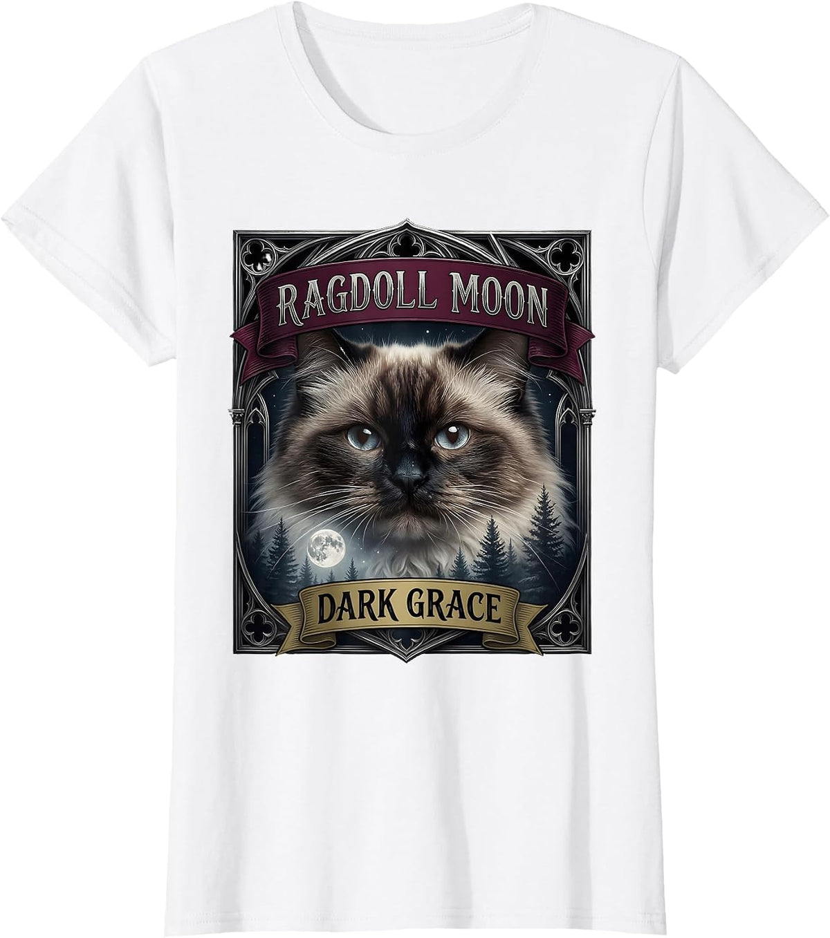 Ragdoll Moon, Dark Grace Gothic Cat Design T-Shirt - White