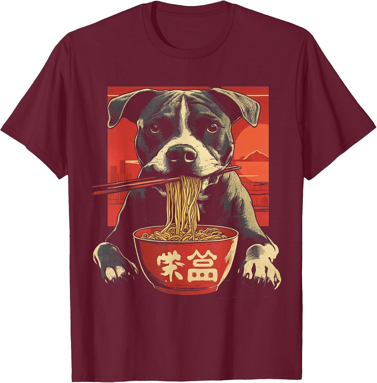 Pitbull Funny Dog Eating Ramen Noodles T-Shirt - Burgundy