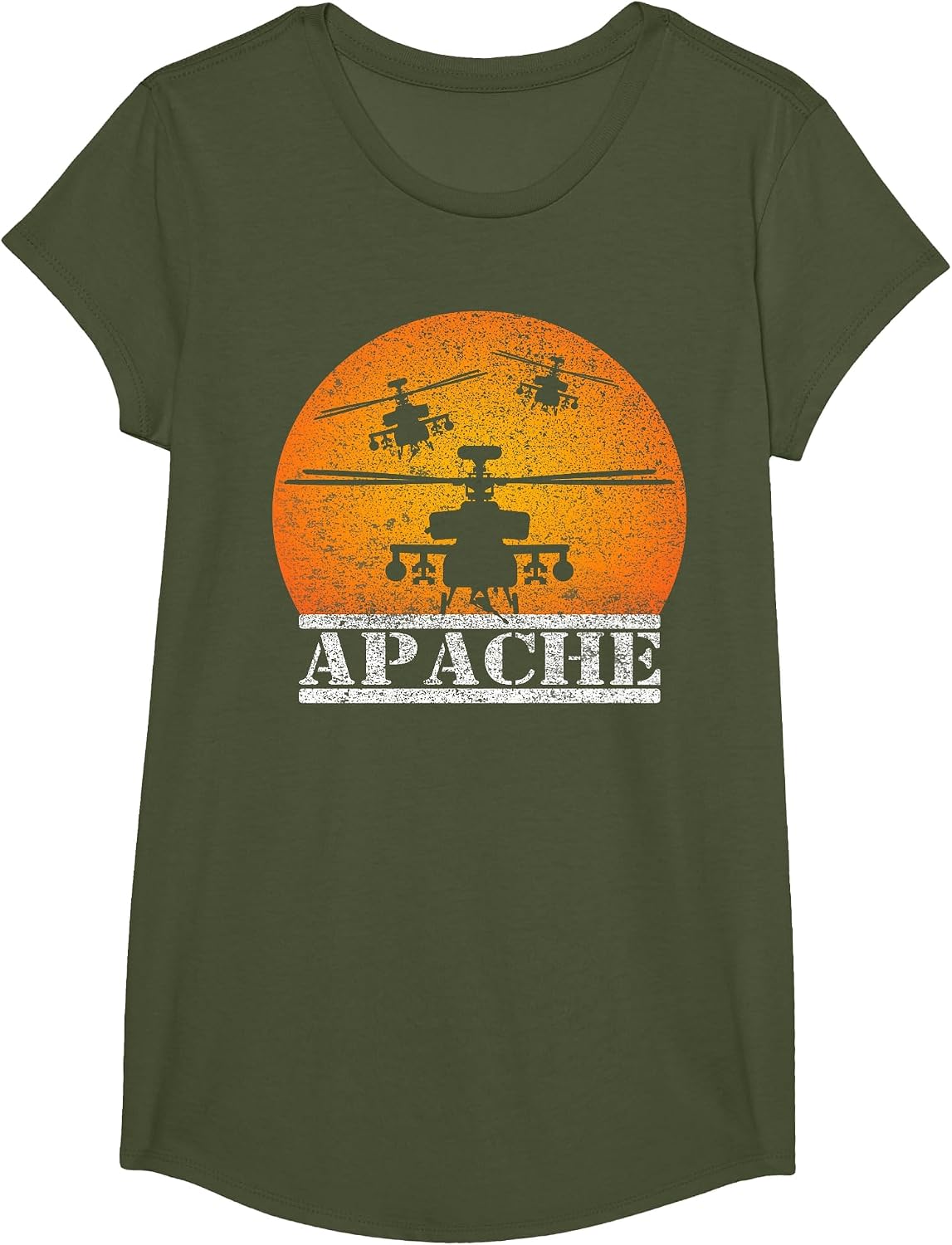 Apache Helicopters Pilots Flying Sunset T-Shirt - Girls Olive Green