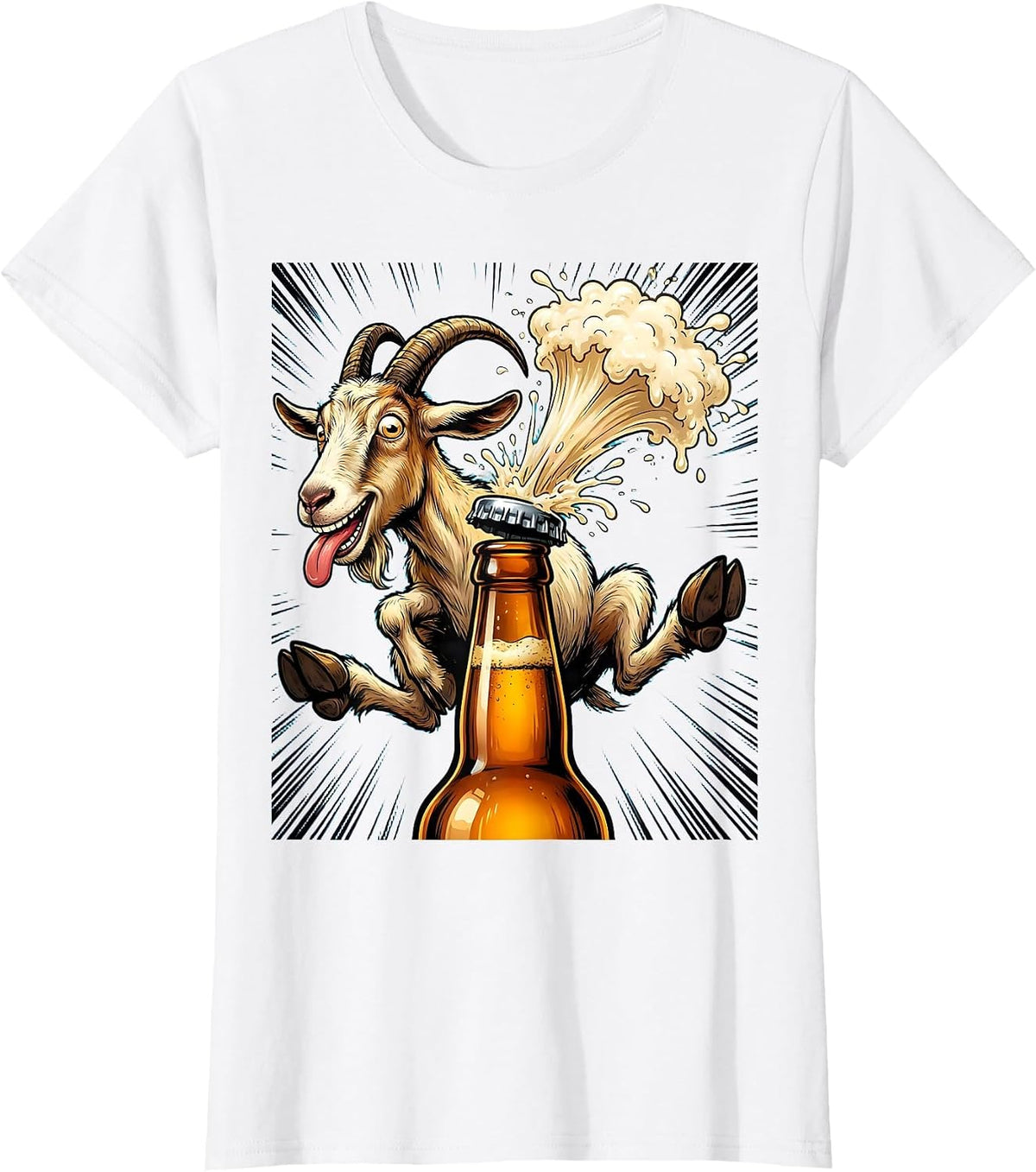 Goat Headbutts Beer Bottle Funny Drinking T-Shirt - White