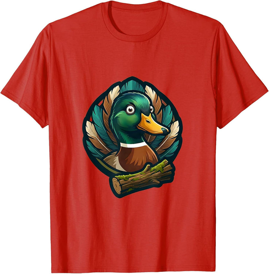 Men's Duck Camo Shed Feathers on Mossy Log Illustration T-Shirt - Red