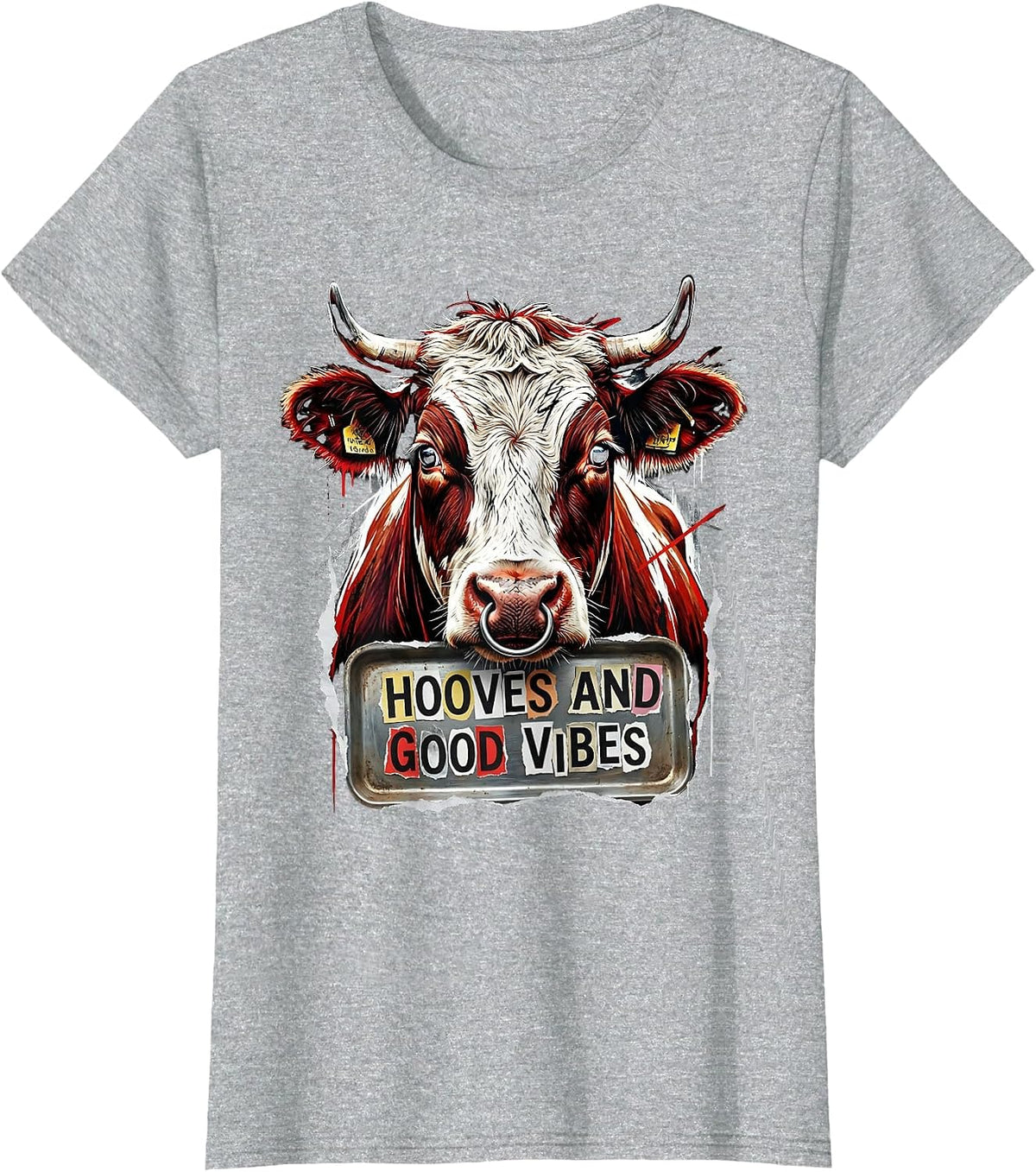 Hooves and Good Vibes Cow Lover Design T-Shirt - Heather Grey