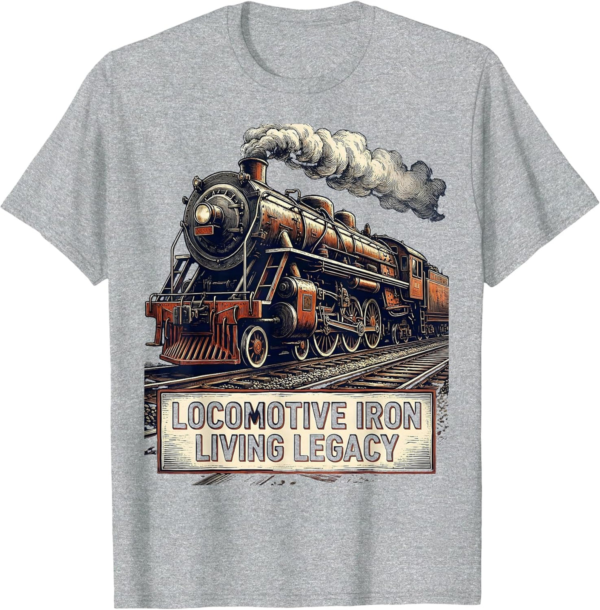 Men's Locomotive Iron, Living Legacy Vintage Steam Train T-Shirt - Heather Grey