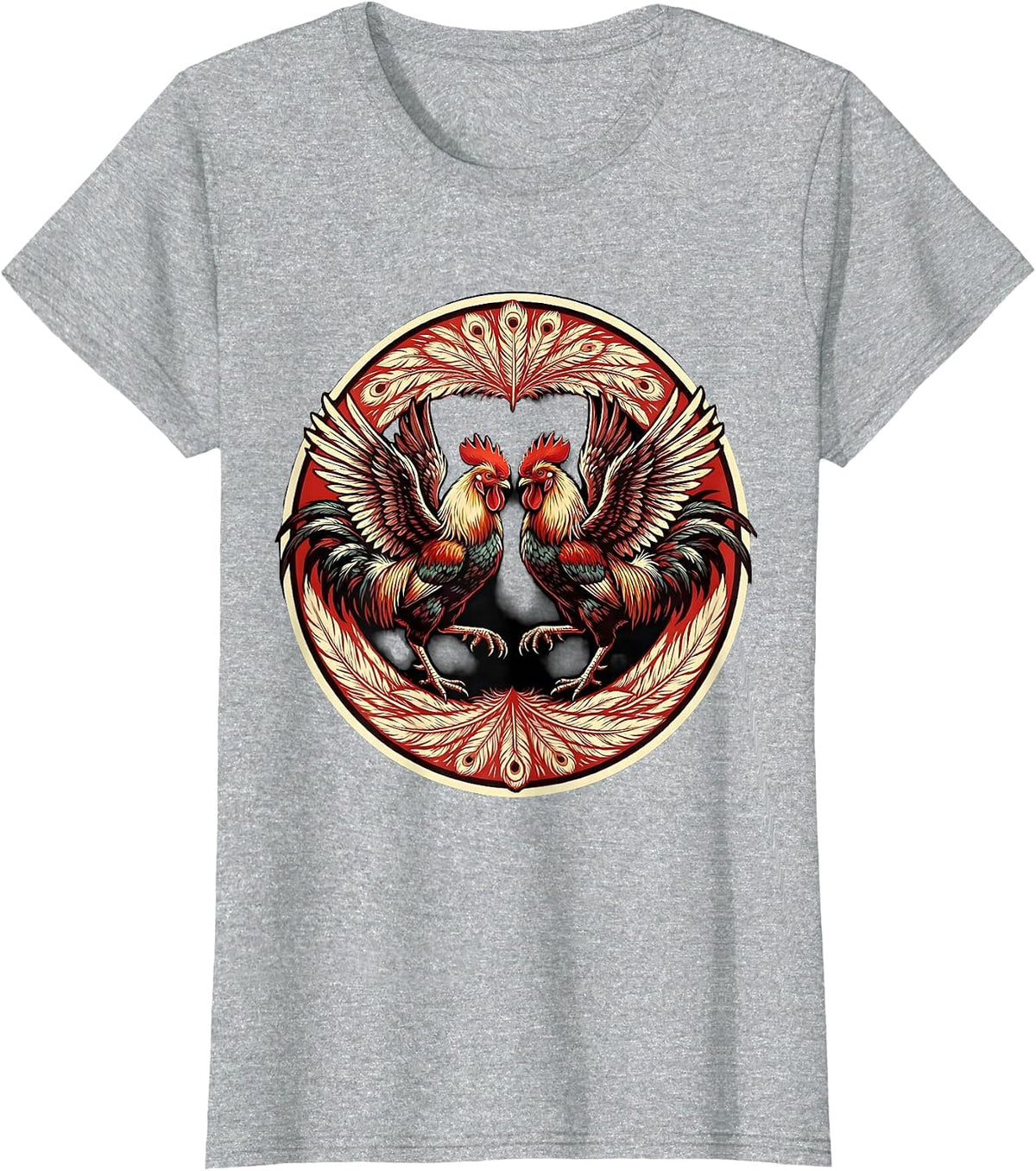 Mexican Fighting Roosters Cockfight Illustration T-Shirt - Heather Grey