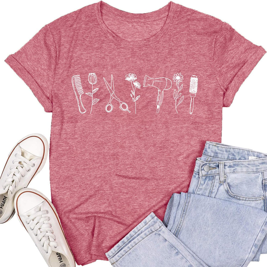 Women Hairstylist Shirt Wildflower Hairdresser T-Shirt Hair Therapist Shirts - Pink