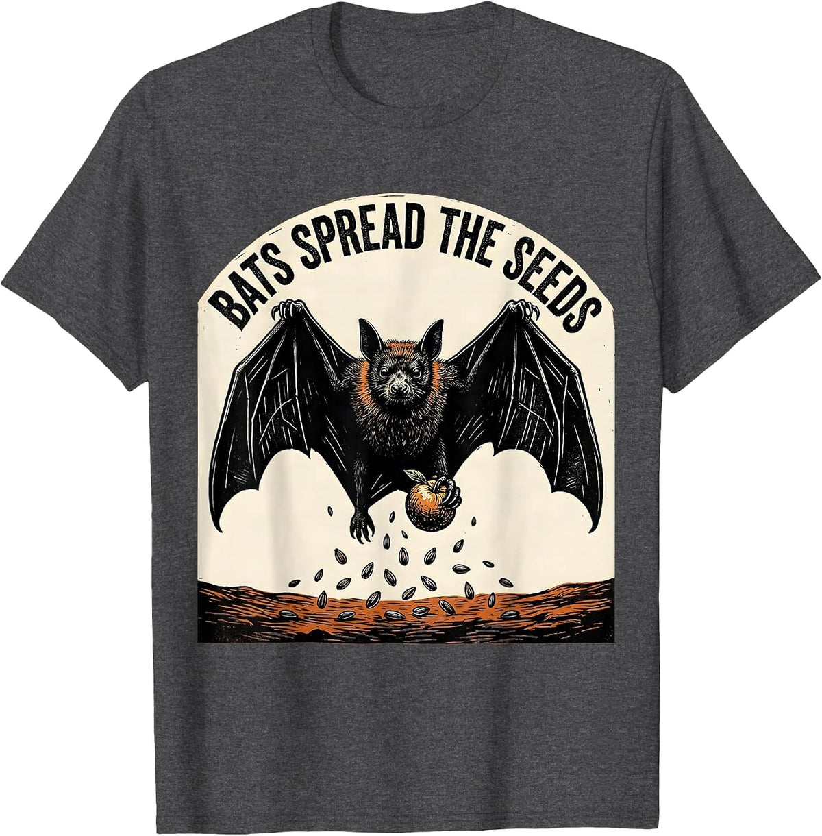 Bats Spread The Seeds Linocut Bat Lover Halloween Nature T-Shirt - Dark Heather Grey