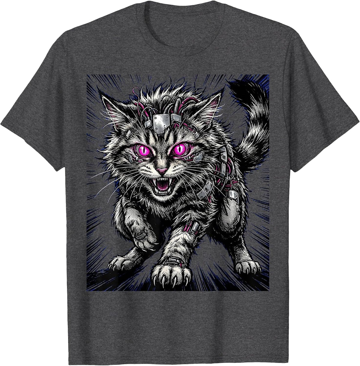 Men's Feral Cyberpunk Cat Neon Cybernetic Eyes Design T-Shirt - Dark Heather Grey