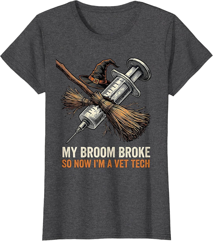 Women's My Broom Broke So Now I'm A Vet Tech Funny Halloween T-Shirt - Dark Heather Grey