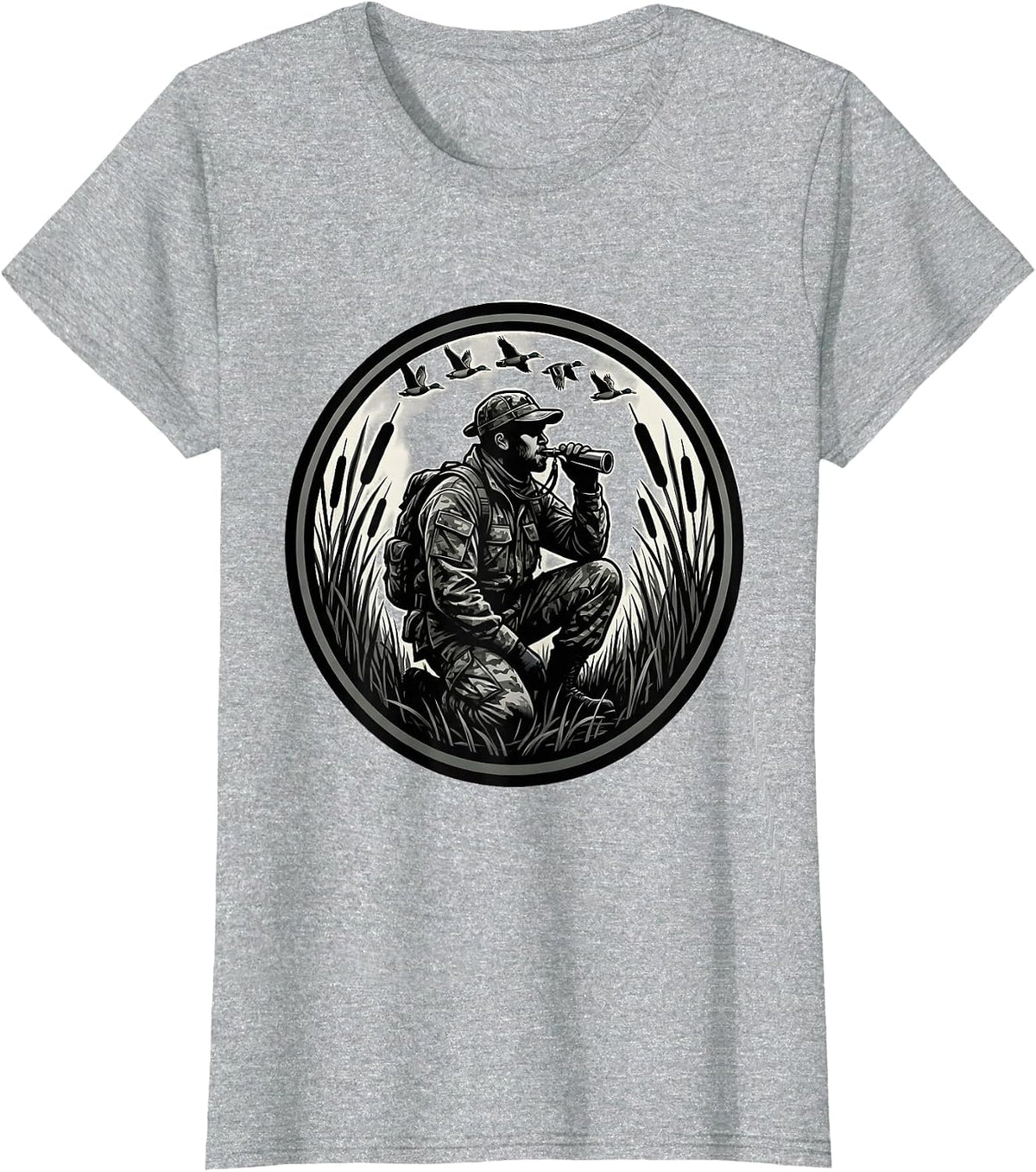 Duck Hunter Camo Waterfowl Calling Illustration T-Shirt - Heather Grey