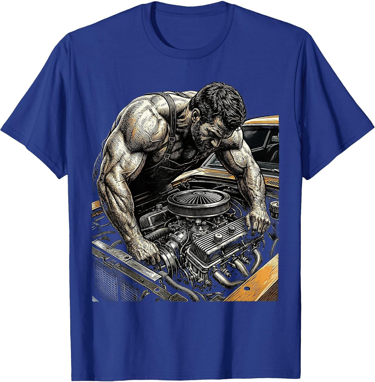 Classic Car Mechanic Vintage Auto Illustration T-Shirt - Royal Blue