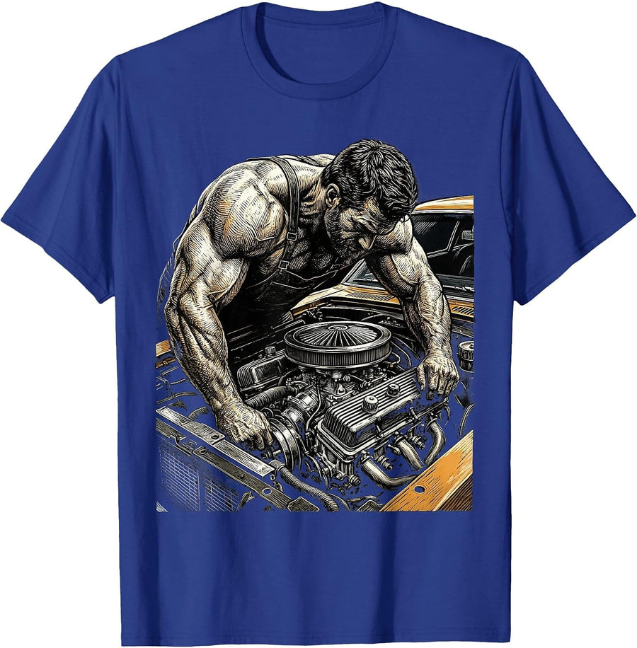 Classic Car Mechanic Vintage Auto Illustration T-Shirt - Royal Blue