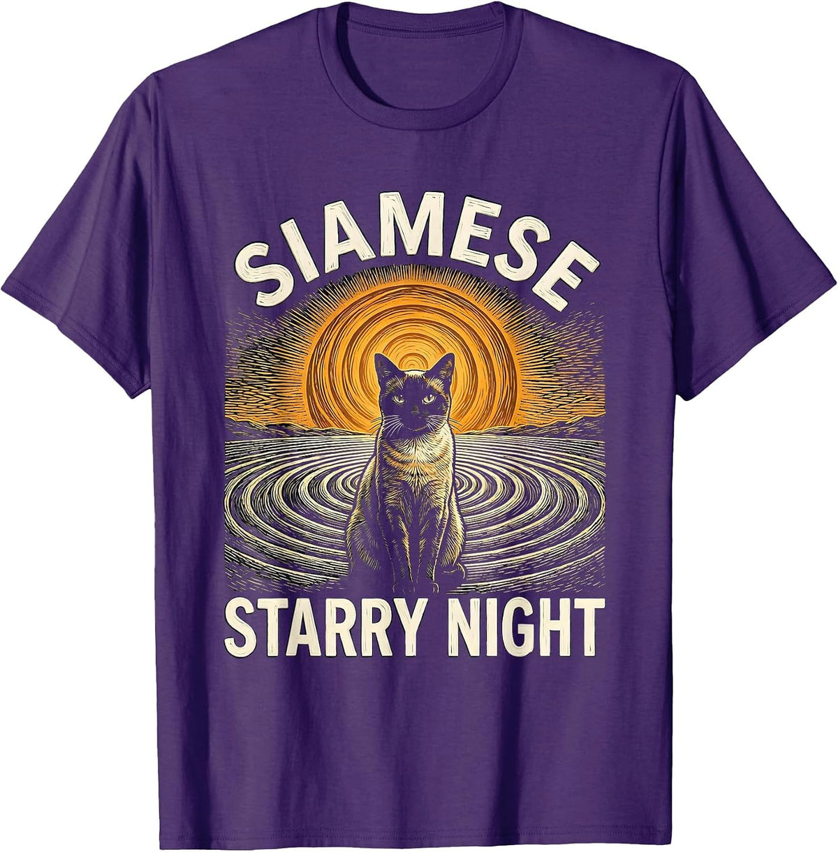 Siamese Starry Night Whimsical Van Gogh Cat Lover Art T-Shirt - Purple