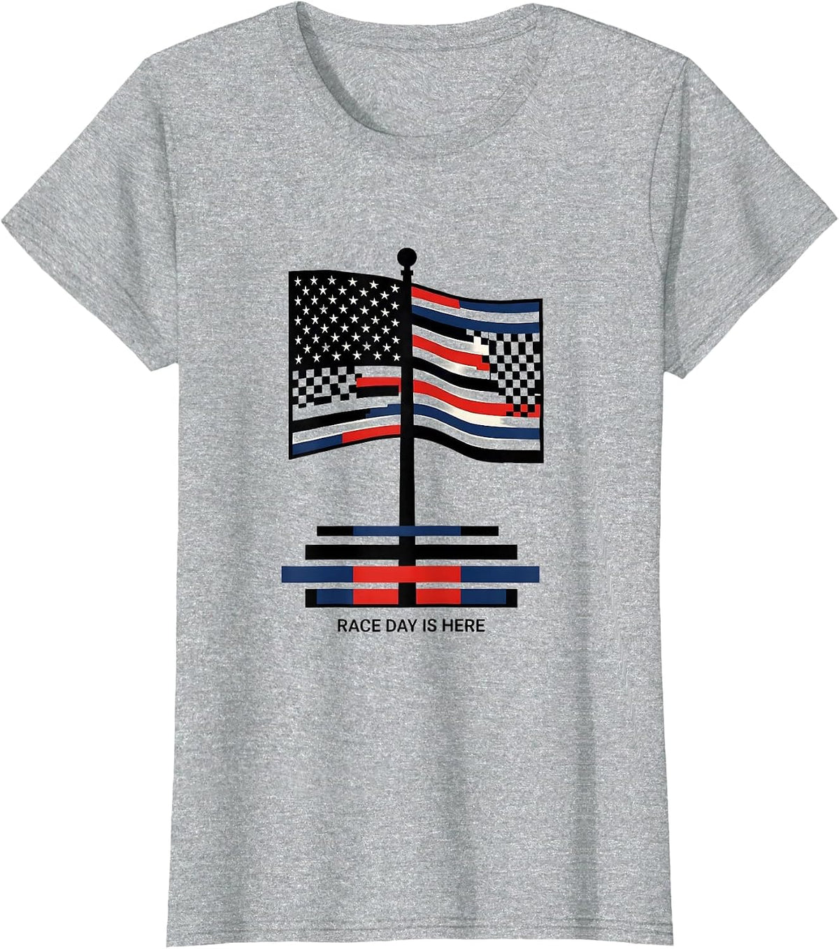 Women's Race Day Is Here Patriotic Drag Racing Checkered Flag T-Shirt - Heather Grey