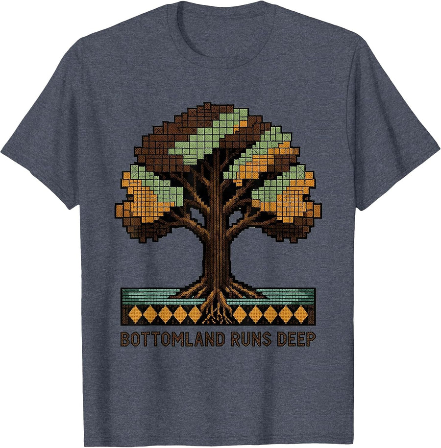 Bottomland Runs Deep Camo Hunting Design T-Shirt - Heather Blue