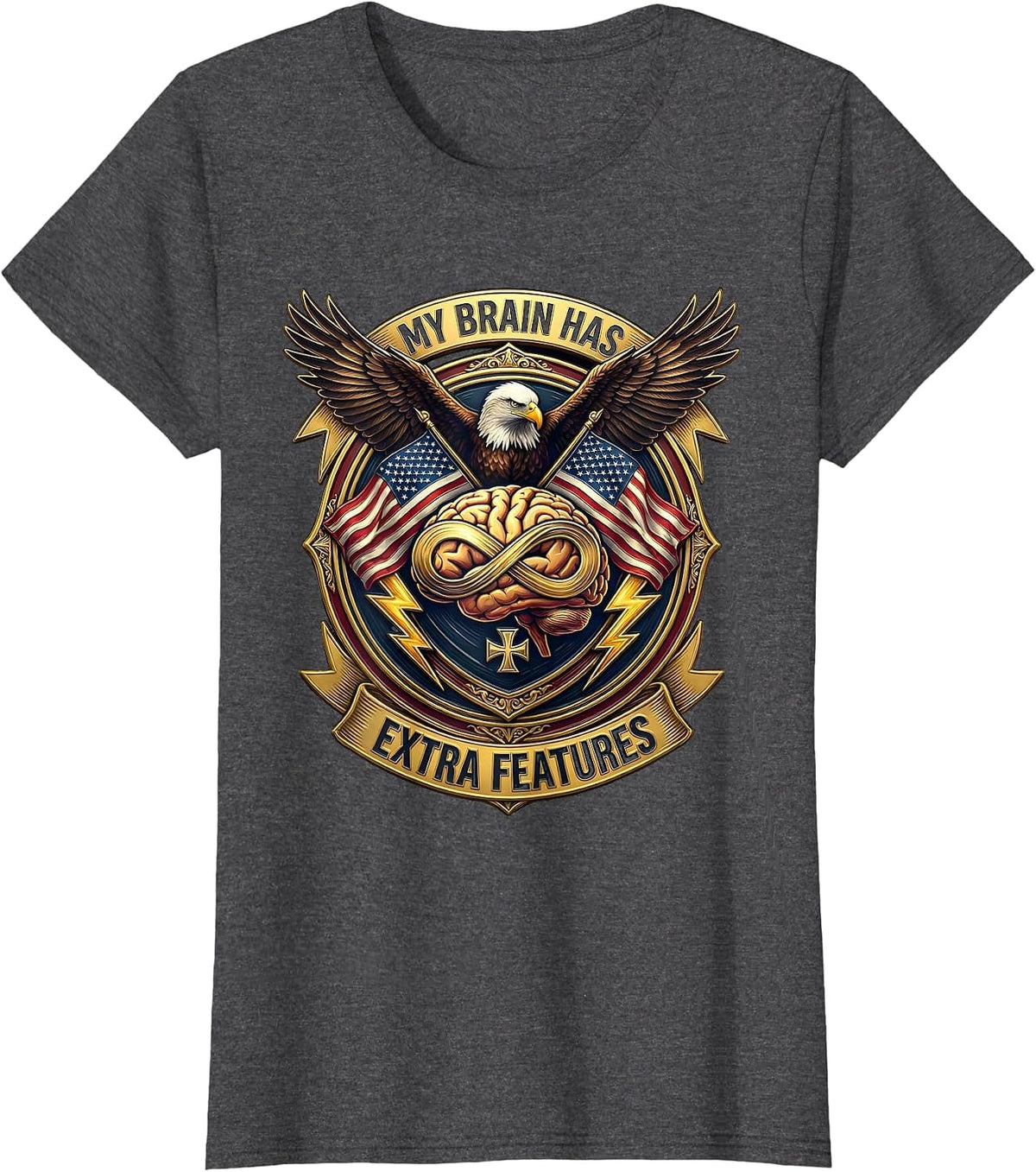 Women's My Brain Has Extra Features Neurodiversity Design T-Shirt - Dark Heather Grey