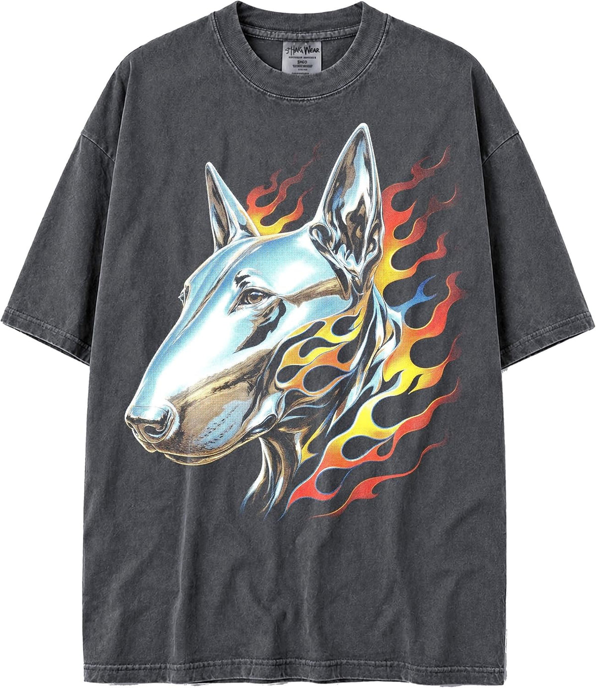 U.S.A. MAX-Heavyweight Shaka Wear 7.5oz 100% Cotton Oversized Tshirt - Chromed Out Animals with Flames - Bull Terrier