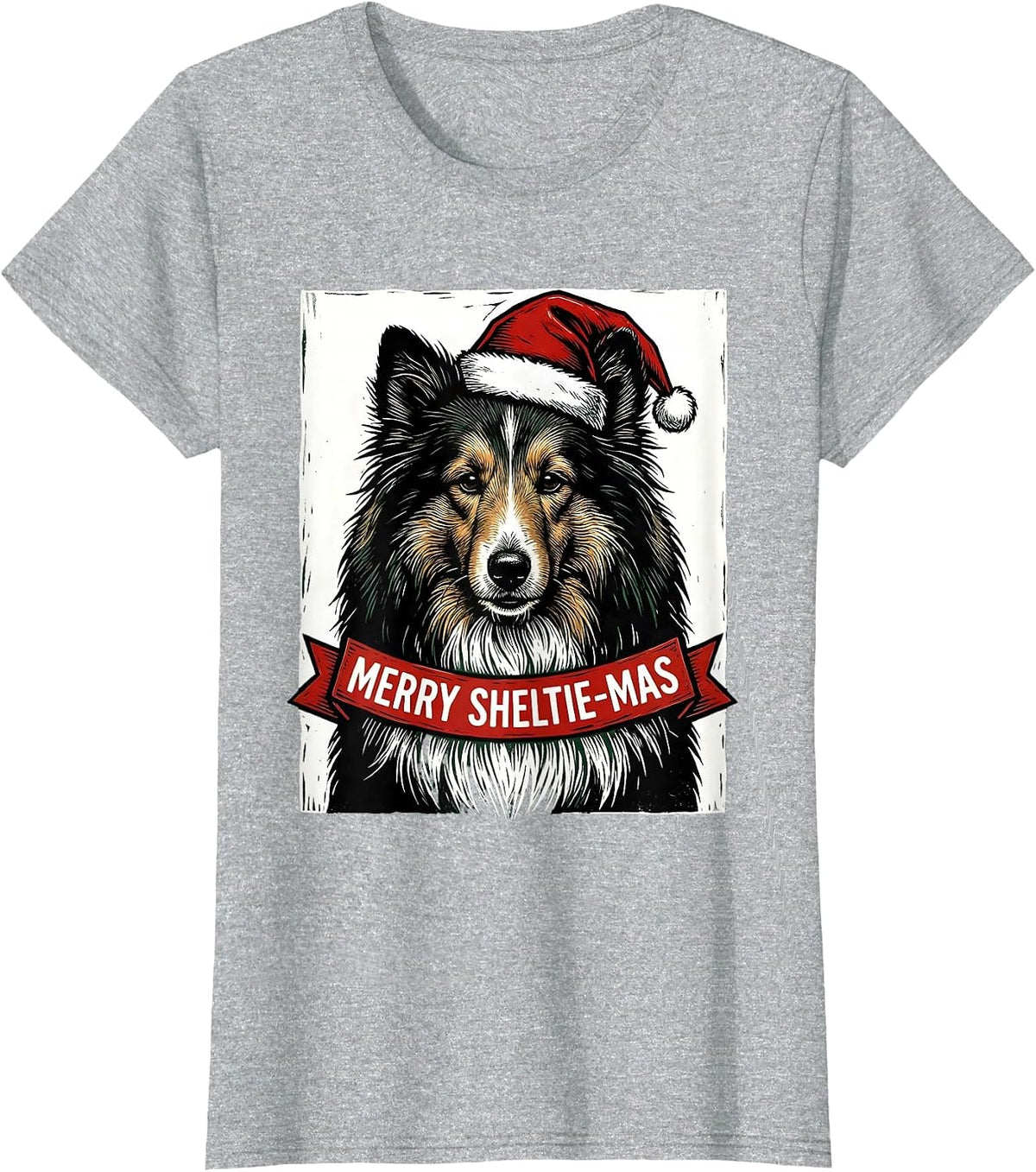 Merry Sheltie-mas Linocut Christmas Dog Breed Humor T-Shirt - Heather Grey