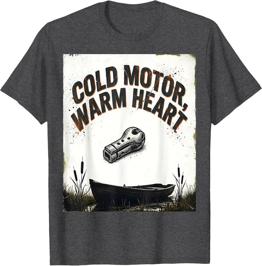 Men's Cold Motor, Warm Heart Distressed Duck Hunting Humor Gift T-Shirt - Dark Heather Grey
