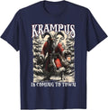 Retro Creepmas Krampus is Coming to Town Dark Humor Xmas T-Shirt - Navy Blue