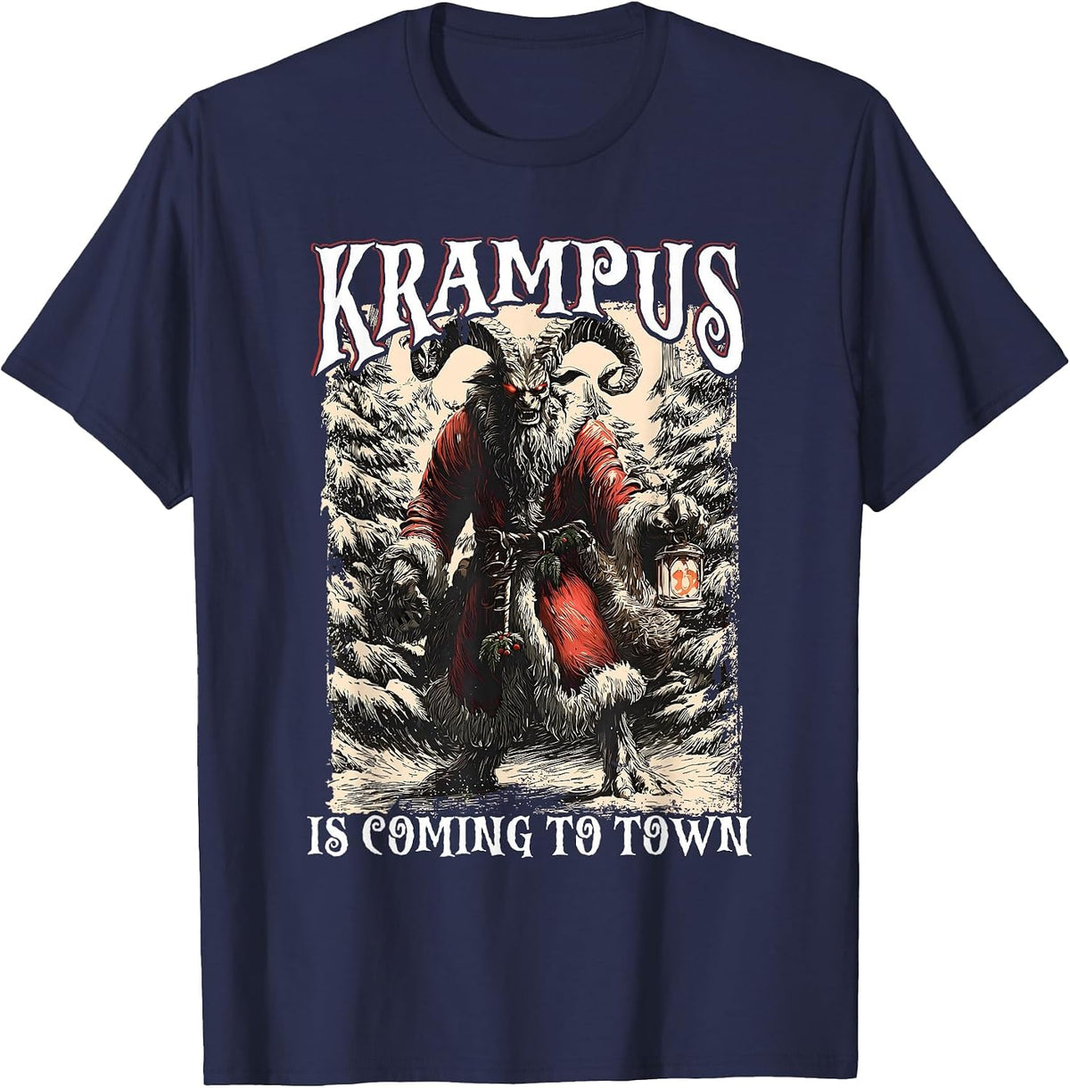 Retro Creepmas Krampus is Coming to Town Dark Humor Xmas T-Shirt - Navy Blue