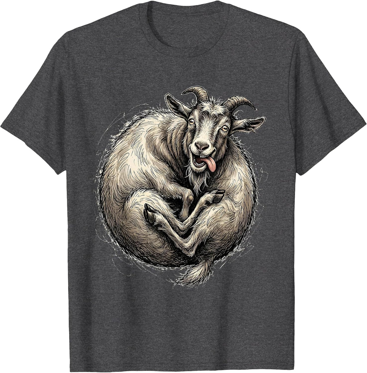 Men's Derpy Goat Eating Its Own Tail Funny Art T-Shirt - Dark Heather Grey