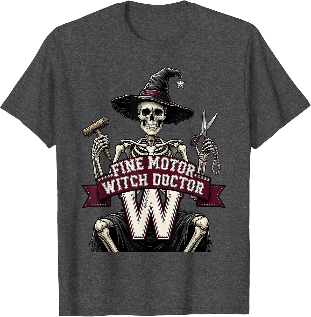 Fine Motor Witch Doctor Halloween OT Skeleton T-Shirt - Dark Heather Grey