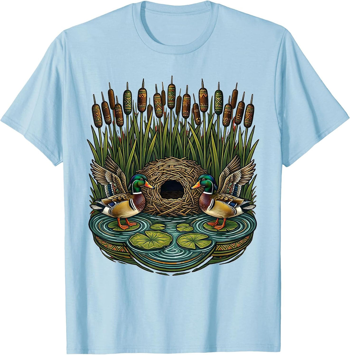 Men's Duck Blind Cattails Hidden Marsh Hunting Illustration T-Shirt - Baby Blue