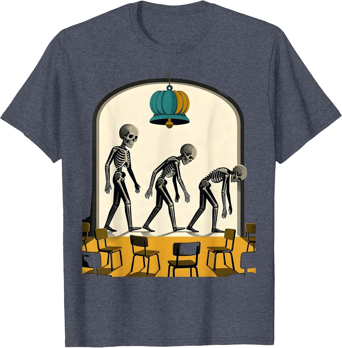 Drooping Skeleton Teacher Midcentury Modern Halloween Humor T-Shirt - Heather Blue